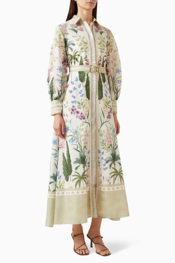 Arbora Printed Belted Maxi Dress in Linen