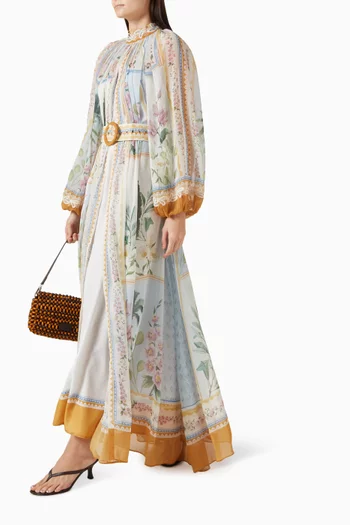 Veridia Printed Belted Maxi Dress in Chiffon
