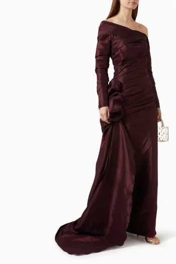 Asymmetric-neck Gown in Taffeta
