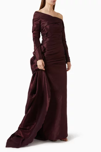 Asymmetric-neck Gown in Taffeta