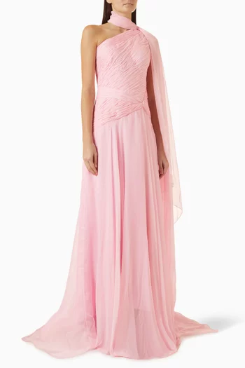 One-shoulder Cape Gown in Silk Chiffon