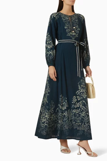 Printed Belted Kaftan in Linen