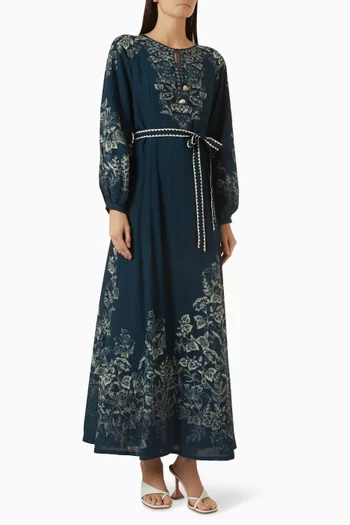 Printed Belted Kaftan in Linen