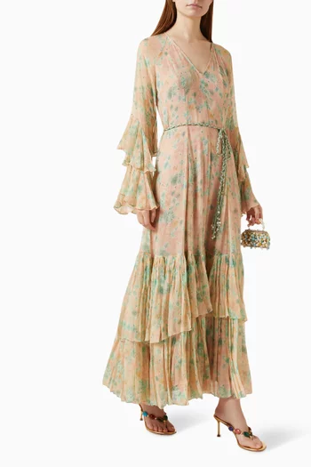 Printed Ruffled Kaftan in Chiffon