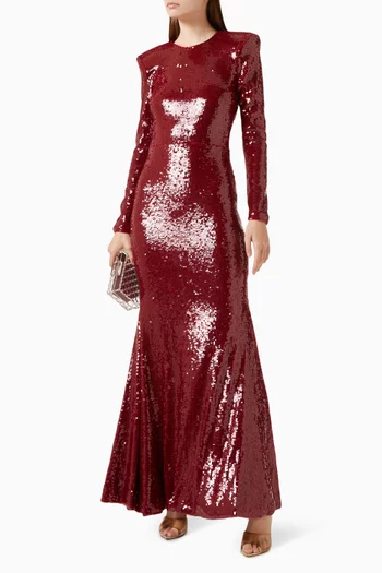 Long-sleeved Backless Sequin Gown