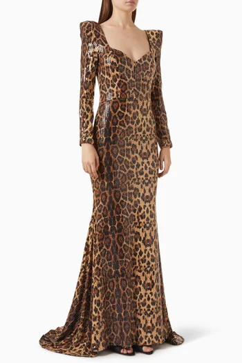 Leopard-print Sequin-embellished Maxi Dress