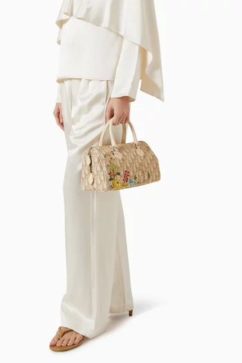 Small Floral Boston Bag in Coated Canvas & Leather