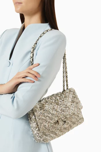 Sequin-embellished Single Flap Bag in Silk & Leather