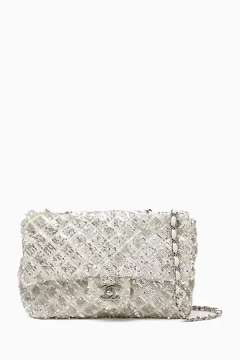 Sequin-embellished Single Flap Bag in Silk & Leather