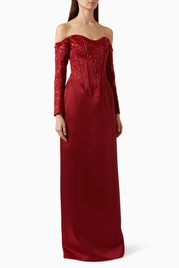 Embellished Off-shoulder Corset Gown