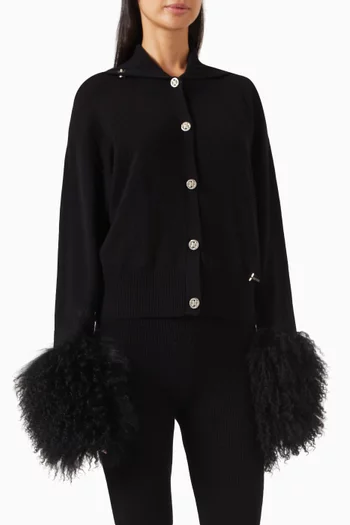 Shearling-trim High-neck Knitted Cardigan