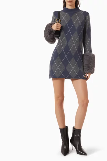 Faux Fur Cuff Argyle Mini Dress