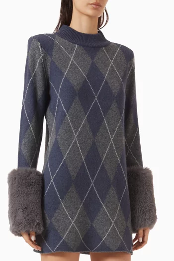 Faux Fur Cuff Argyle Mini Dress