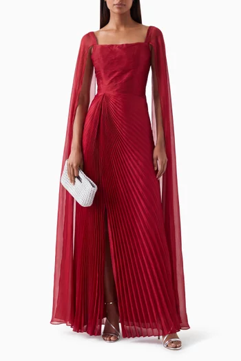 Plisse Cape-sleeve Dress in Organza