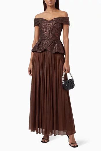 Jacquard Off-shoulder Pleated Maxi Dress