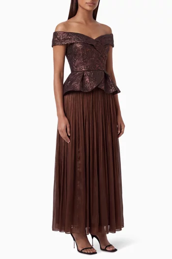 Jacquard Off-shoulder Pleated Maxi Dress