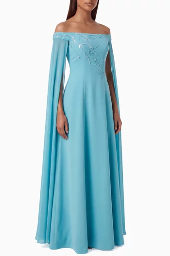 Embroidered Off-shoulder Cape Gown in Crepe