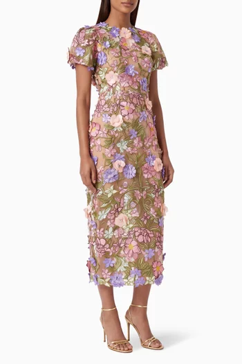 Fiora 3D Floral Puff-sleeve Dress