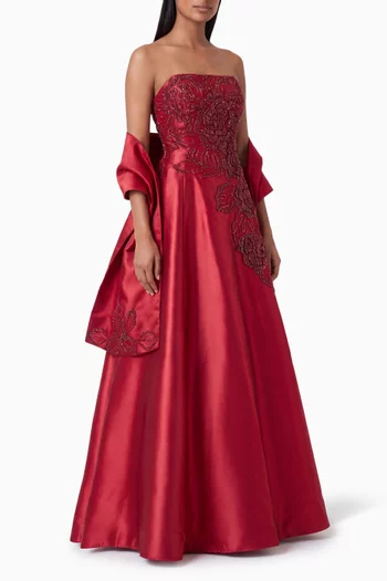 Strapless Floral Appliqué Ball Gown in Satin