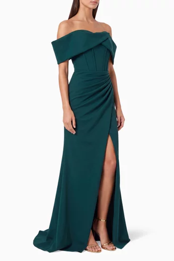 Off-shoulder Slit Gown in Taffeta