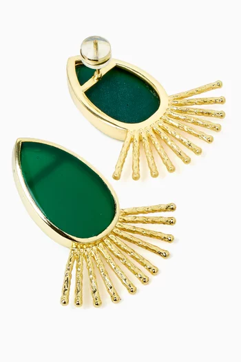 SLAB CUT GEMSTONES FRAMED WITH TEXTURED SUNBURST RAYS BRONZE BASE WITH 18K GOLD MICROPLATING DROP EARRINGS:Green    :One Size|220136682