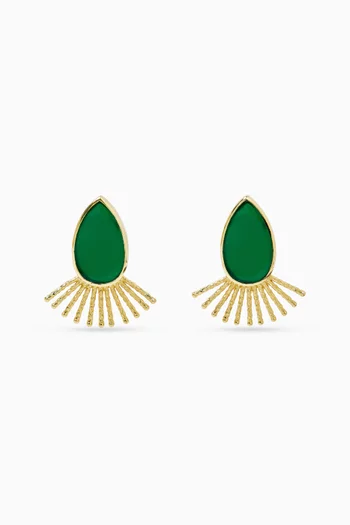 SLAB CUT GEMSTONES FRAMED WITH TEXTURED SUNBURST RAYS BRONZE BASE WITH 18K GOLD MICROPLATING DROP EARRINGS:Green    :One Size|220136682