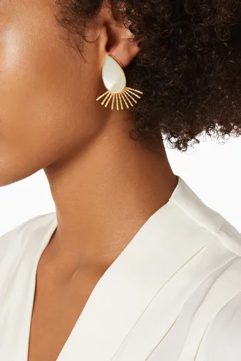 SLAB CUT GEMSTONES FRAMED WITH TEXTURED SUNBURST RAYS BRONZE BASE WITH 18K GOLD MICROPLATING DROP EARRINGS:White    :One Size|220136691