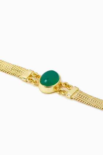  SLEEK HERRINGBONE CHAIN BRACELETTE ACCENTED WITH A GREEN OVAL CABOCHON WITH BRONZE BASE WITH 18K GOLD MICROPLATING:Green    :One Size|220136688