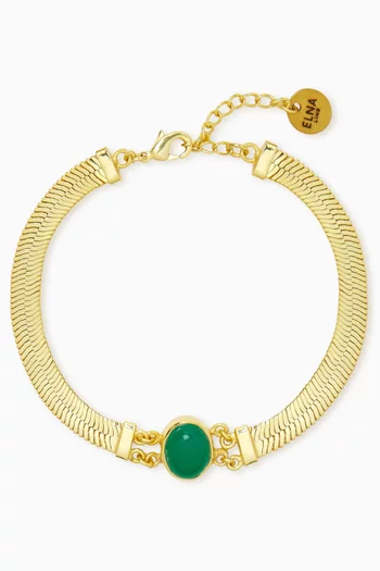  SLEEK HERRINGBONE CHAIN BRACELETTE ACCENTED WITH A GREEN OVAL CABOCHON WITH BRONZE BASE WITH 18K GOLD MICROPLATING:Green    :One Size|220136688