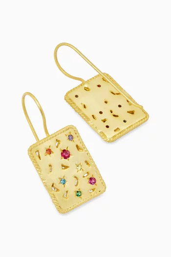 RECTANGLULAR STATEMENT DROP EARRING FEATURING MULTI-COLORED GEMSTONE ACCENTS WITH A TEXTURED GOLD FRAME AND STAR ACCENTS WITH BRONZE BASE WITH 18K GOLD MICROPLATING:Multi Colour:One Size|220136692