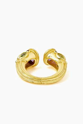 ART DECO INSPIRED RING WITH AN OPEN FRONT FEATURING OVAL AMETHYST CETNERPIECE AND GREEN AND PRUPLE ACCENT GEMSTONES WITH BRONZE BASE WITH 18K GOLD MICROPLATING:Multi Colour:One Size|220136681