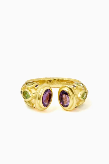 ART DECO INSPIRED RING WITH AN OPEN FRONT FEATURING OVAL AMETHYST CETNERPIECE AND GREEN AND PRUPLE ACCENT GEMSTONES WITH BRONZE BASE WITH 18K GOLD MICROPLATING:Multi Colour:One Size|220136681