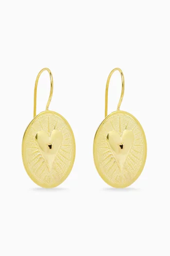 OVAL DROP EARRINGS WITH A RADIANT SUBURST  TEXTED A SCULPTED 3D HEART MOTIF AND CENTER GEMSTONE ACCENT WITH BRONZE BASE WITH 18K GOLD MICROPLATING:BLK:One Size|220136697