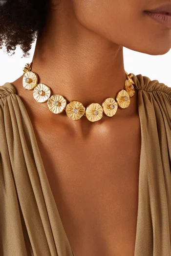 SUN BURST COINS WITH HANDCUT GEMSTONE CENTERS TO MAKE A BOLD CHOKER WITH 18K GOLD MICROPLATING:White    :One Size|220136694