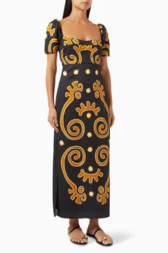 Buy Cala de La Cruz Black Tia Printed Maxi Dress in Linen Blend for Women  Online | Ounass Kuwait