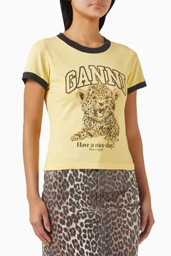 GANNI｜ (Yellow Cropped Leopard T-shirt (T4256 372)) Mellow Yellow Yellow Cropped Leopard T-shirt | GANNI US