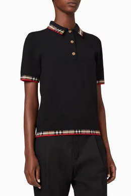 Shop Burberry Black Check Trim Merino Wool Blend Polo Shirt for WOMEN |  Ounass Kuwait