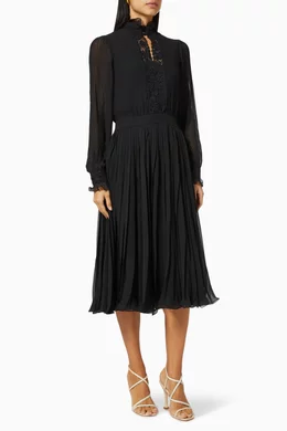 Buy Polo Ralph Lauren Black Lace Trim Pleated Midi Dress in