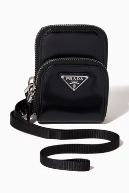 Buy Prada Black Triangle Logo Neck Pouch in Brushed Leather for