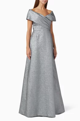 Buy Teri Jon Silver Metallic Off shoulder Gown for Women in Kuwait