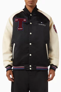 Buy Tommy Jeans Black Varsity Bomber Jacket in Satin for Men in