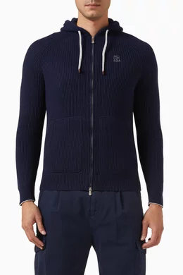 BRUNELLO CUCINELLI Logo-Embroidered Ribbed Cashmere Zip-Up Hoodie