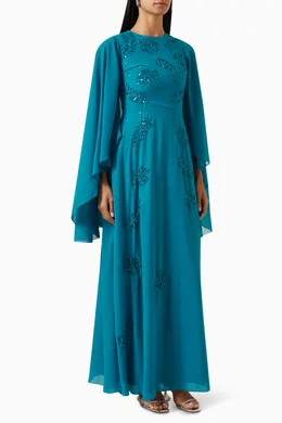 Buy Frock Frill Blue Embellished Cape sleeve Maxi Dress for Women