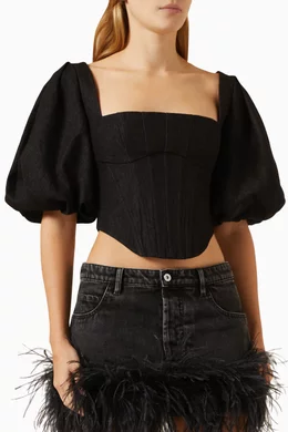 Buy Rozie Corsets Black Puff Sleeve Corset in Denim for Women in