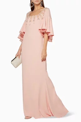 Buy Badgley Mischka Pink Pastel-Pink Embellished & Ruffled Gown for Women  Online | Ounass Kuwait