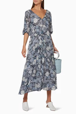 Buy Ganni Blue Blue Elm Georgette V Neck Printed Dress for Women Online Ounass Kuwait