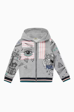 Buy KENZO KIDS Grey Logo Print Zip-Up Hoodie for Girls Online