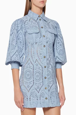 Buy Ganni Blue Broderie Anglaise Mini Dress for Women Online