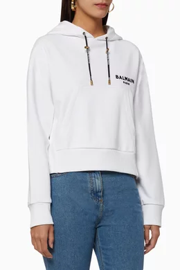 Buy Balmain White Flocked Logo Cropped Cotton Hoodie for Women