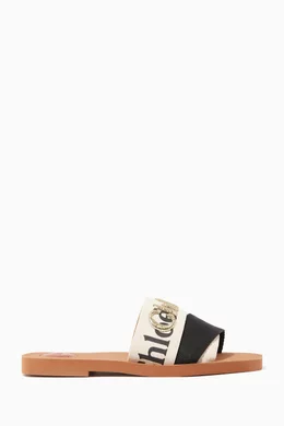 Buy Chloé Neutral Patchwork Woody Flat Mule Sandals in Canvas for - Main Image